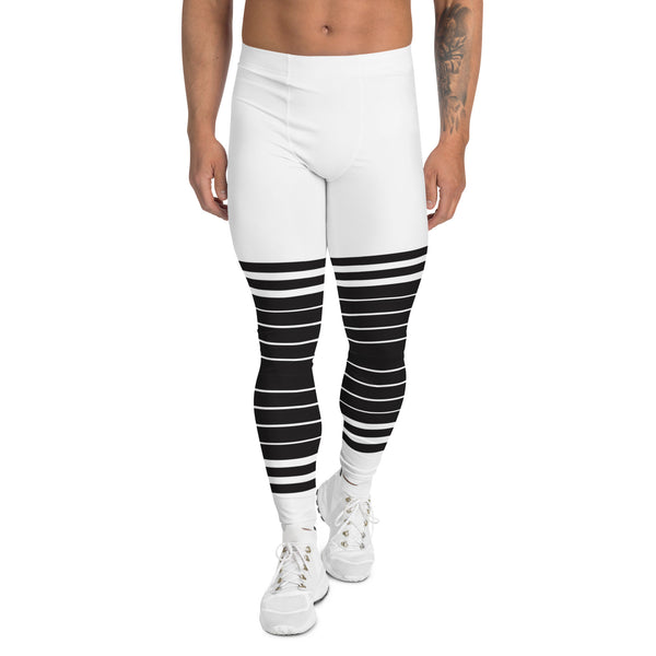 White Black Striped Horizontal Meggings, Best Sexy Men's Leggings Compression Tights For Men - Made in USA/EU/MX