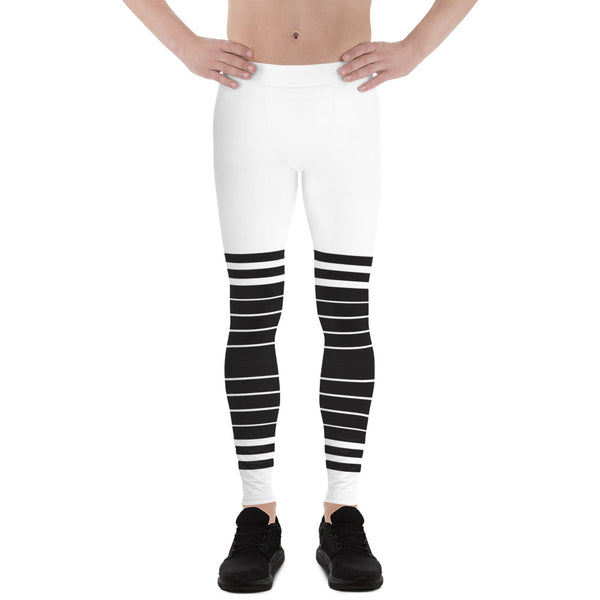 White Black Striped Horizontal Meggings, Best Sexy Men's Leggings Compression Tights For Men - Made in USA/EU/MX