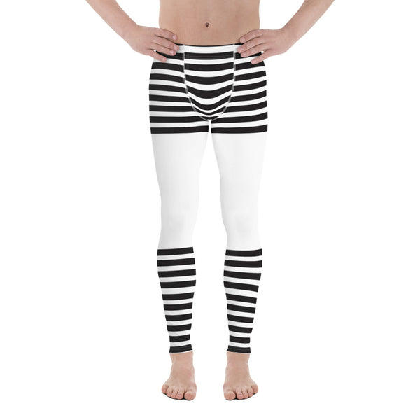 White Abstract Striped Men's Leggings, Black Horizontally Striped White and Black Abstract Designer Print Sexy Meggings Men's Workout Gym Tights Leggings, Men's Compression Tights Pants - Made in USA/ EU/ MX (US Size: XS-3XL)&nbsp;