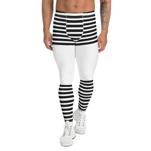 White Abstract Striped Men's Leggings, Black Horizontally Striped White and Black Abstract Designer Print Sexy Meggings Men's Workout Gym Tights Leggings, Men's Compression Tights Pants - Made in USA/ EU/ MX (US Size: XS-3XL)&nbsp;