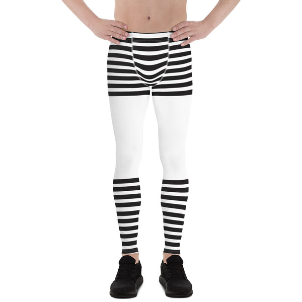 White Abstract Striped Men's Leggings, Black Horizontally Striped White and Black Abstract Designer Print Sexy Meggings Men's Workout Gym Tights Leggings, Men's Compression Tights Pants - Made in USA/ EU/ MX (US Size: XS-3XL)&nbsp;