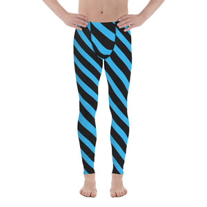 Blue Black Striped Meggings, Diagonal Stripes Men's Leggings