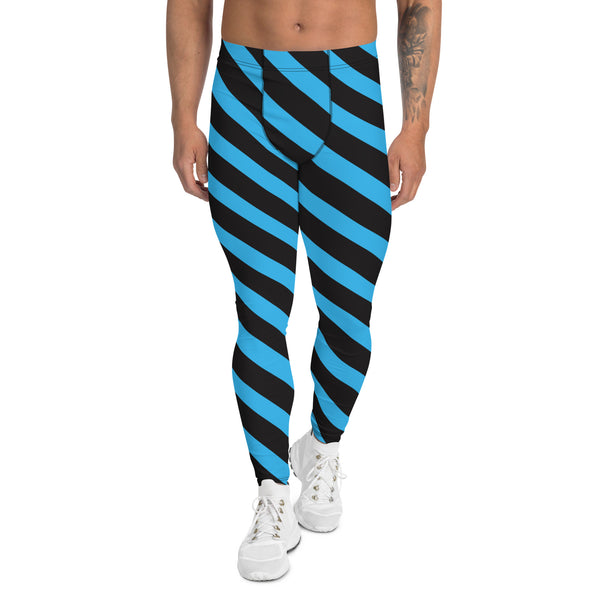 Blue Black Striped Meggings, Diagonal Stripes Men's Leggings