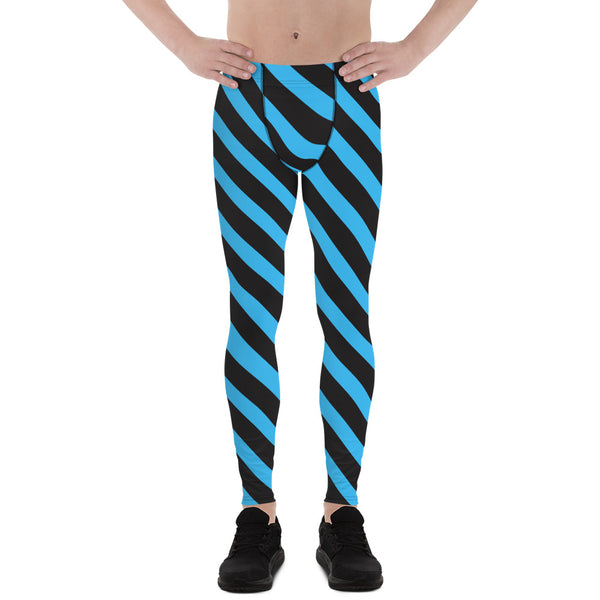 Blue Black Striped Meggings, Diagonal Stripes Men's Leggings