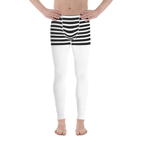 White Abstract Striped Men's Leggings, Black Horizontally Striped White and Black Abstract Designer Print Sexy Meggings Men's Workout Gym Tights Leggings, Men's Compression Tights Pants - Made in USA/ EU/ MX (US Size: XS-3XL)&nbsp;