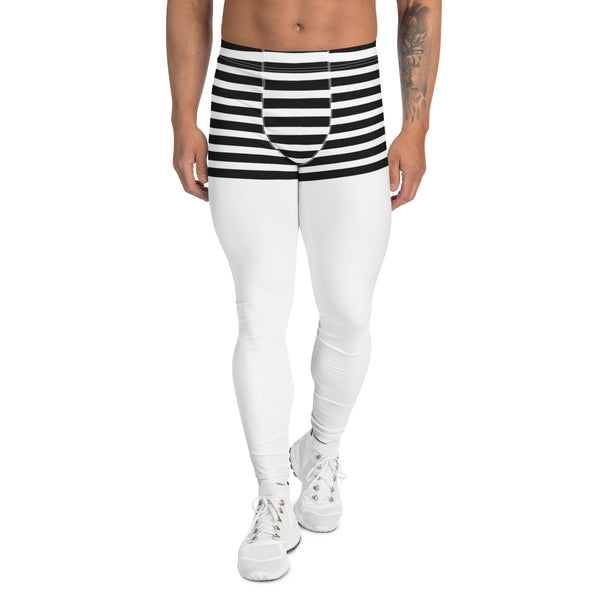 White Abstract Striped Men's Leggings, Black Horizontally Striped White and Black Abstract Designer Print Sexy Meggings Men's Workout Gym Tights Leggings, Men's Compression Tights Pants - Made in USA/ EU/ MX (US Size: XS-3XL)&nbsp;