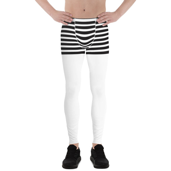 White Abstract Striped Men's Leggings, Black Horizontally Striped White and Black Abstract Designer Print Sexy Meggings Men's Workout Gym Tights Leggings, Men's Compression Tights Pants - Made in USA/ EU/ MX (US Size: XS-3XL)&nbsp;