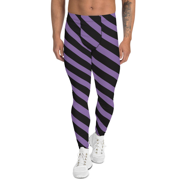 Purple Black Striped Meggings, Best Designer Stripes Diagonal Men's Leggings