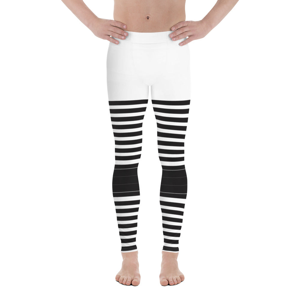 White Abstract Striped Men's Leggings, Black Horizontally Striped White and Black Abstract Designer Print Sexy Meggings Men's Workout Gym Tights Leggings, Men's Compression Tights Pants - Made in USA/ EU/ MX (US Size: XS-3XL)&nbsp;