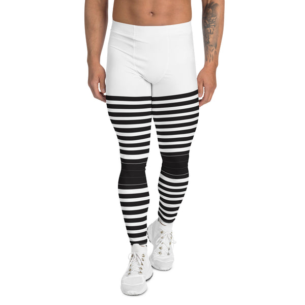 White Abstract Striped Men's Leggings, Black Horizontally Striped White and Black Abstract Designer Print Sexy Meggings Men's Workout Gym Tights Leggings, Men's Compression Tights Pants - Made in USA/ EU/ MX (US Size: XS-3XL)&nbsp;