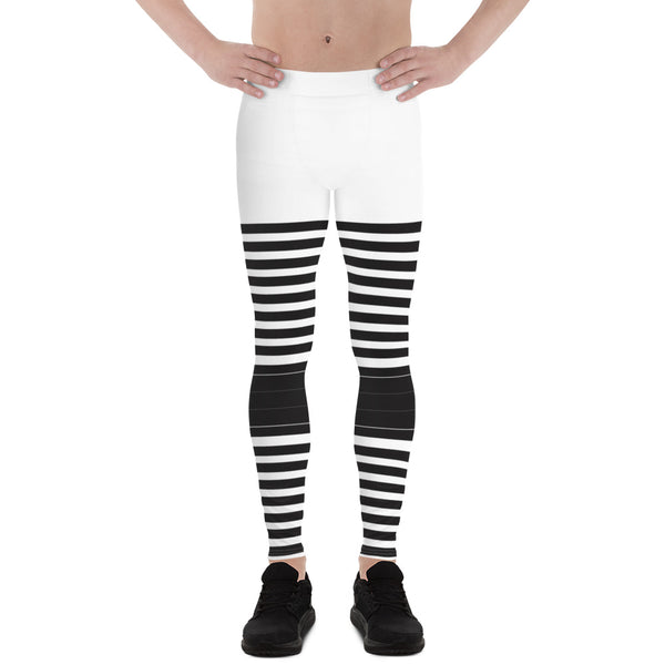 Black White Striped Meggings, Best Horizontal Stripes Men's Leggings Abstract Men's Leggings For Men - Made in USA/EU/MX