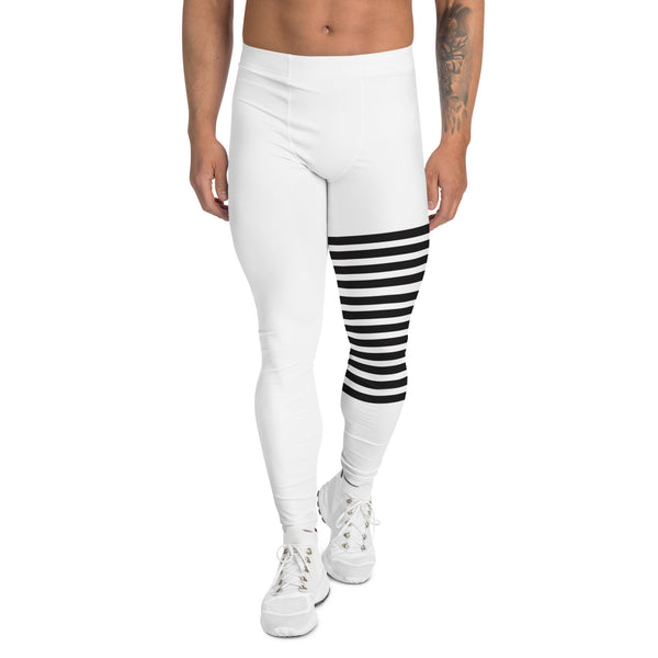 White Abstract Striped Men's Leggings, Black Horizontally Striped White and Black Abstract Designer Print Sexy Meggings Men's Workout Gym Tights Leggings, Men's Compression Tights Pants - Made in USA/ EU/ MX (US Size: XS-3XL)&nbsp;