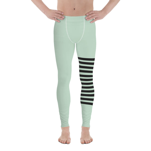 Pastel Green Striped Meggings, Pastel Horizontally Striped Men's Leggings