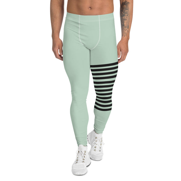 Pastel Green Striped Meggings, Pastel Horizontally Striped Men's Leggings