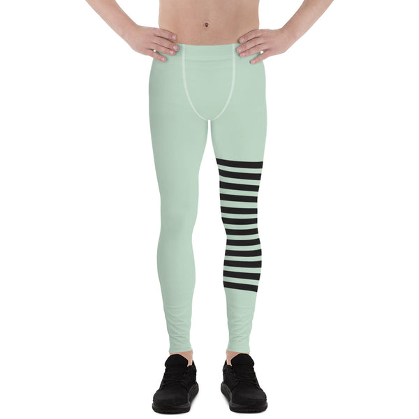 Pastel Green Striped Meggings, Pastel Horizontally Striped Men's Leggings