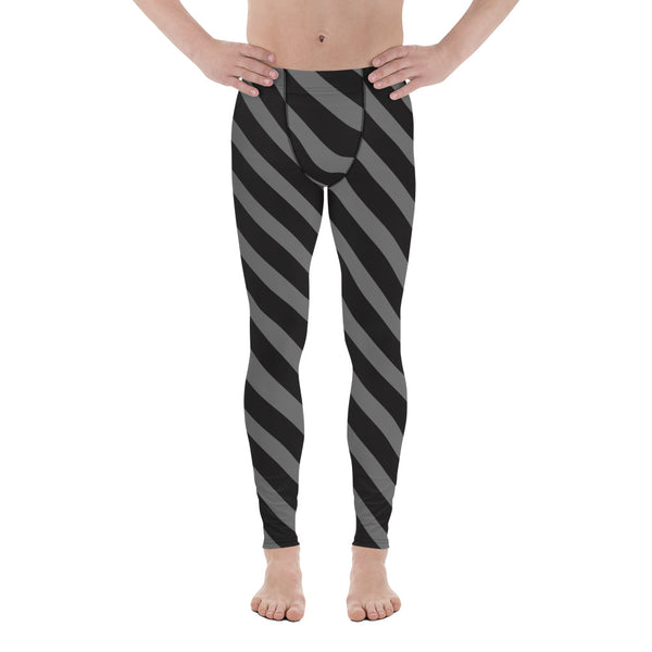 Grey Black Striped Meggings, Diagonally Striped Men's Leggings