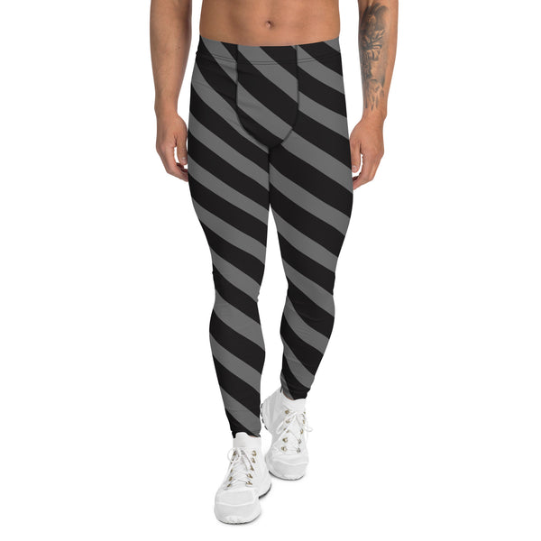 Grey Black Striped Meggings, Diagonally Striped Men's Leggings