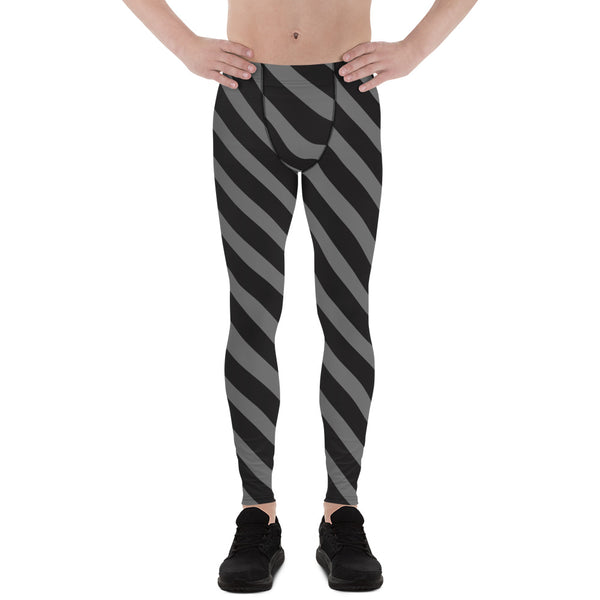 Grey Black Striped Meggings, Diagonally Striped Men's Leggings