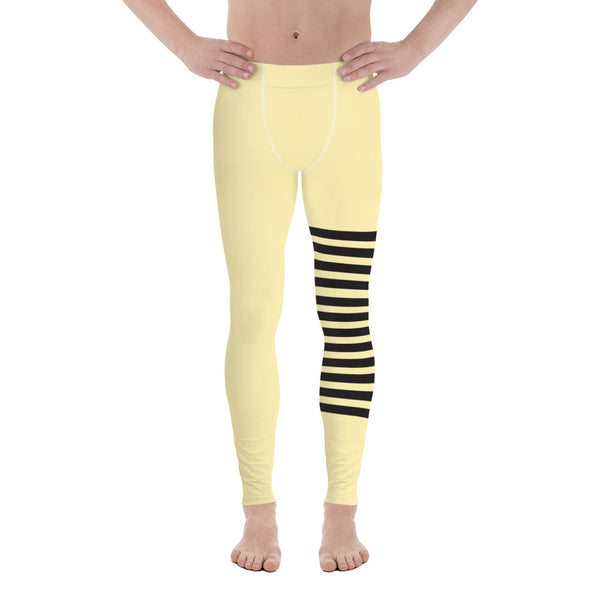 Pastel Yellow Striped Meggings, Horizontal Stripes Men's Leggings