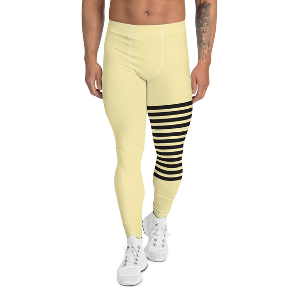 Pastel Yellow Striped Meggings, Horizontal Stripes Men's Leggings