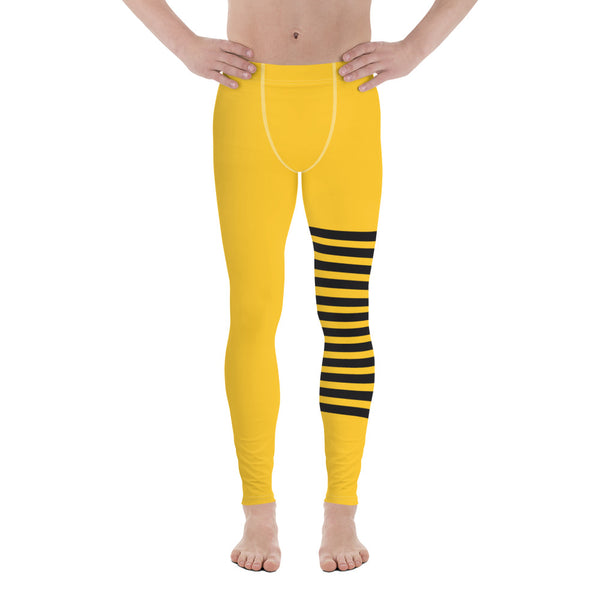 Bright Yellow Striped Meggings, Designer Horizontal Stripes Men's Leggings