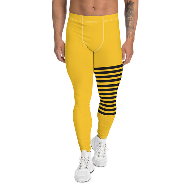 Bright Yellow Striped Meggings, Designer Horizontal Stripes Men's Leggings