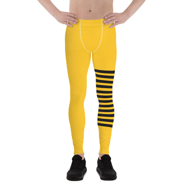 Bright Yellow Striped Meggings, Designer Horizontal Stripes Men's Leggings