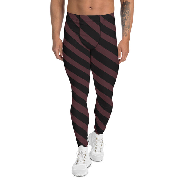 Brown Black Diagonal Striped Meggings, Men's Leggings