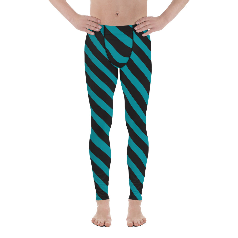 Teal Blue Black Striped Meggings, Diagonal Stripes Best Men's Leggings