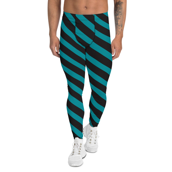 Teal Blue Black Striped Meggings, Diagonal Stripes Best Men's Leggings