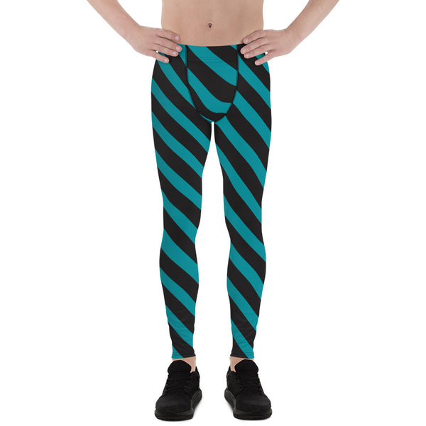 Teal Blue Black Striped Meggings, Diagonal Stripes Best Men's Leggings