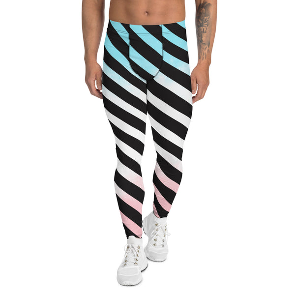 Blue Pink Striped Meggings, Diagonally Stripes Best Premium Best Men's Leggings