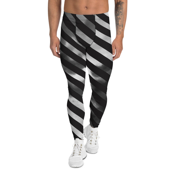 Black Diagonal Striped Meggings, Black Grey Tie Dye Abstract Designer Print Sexy Meggings Men's Workout Gym Tights Leggings, Men's Compression Tights Pants - Made in USA/ EU/ MX (US Size: XS-3XL)&nbsp;