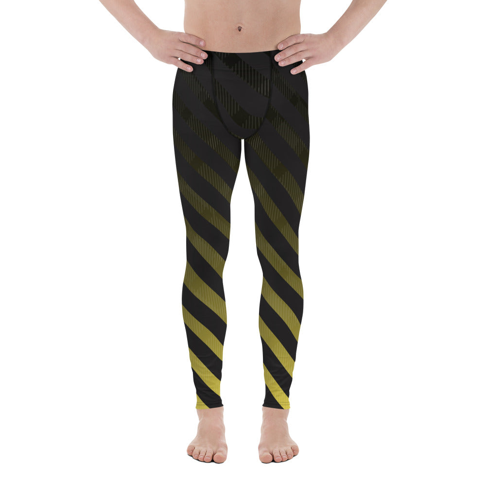 Black Diagonally Striped Meggings, Best Designer Yellow and Black Men's Leggings