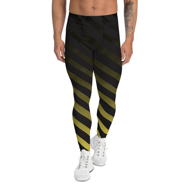 Black Diagonally Striped Meggings, Best Designer Yellow and Black Men's Leggings