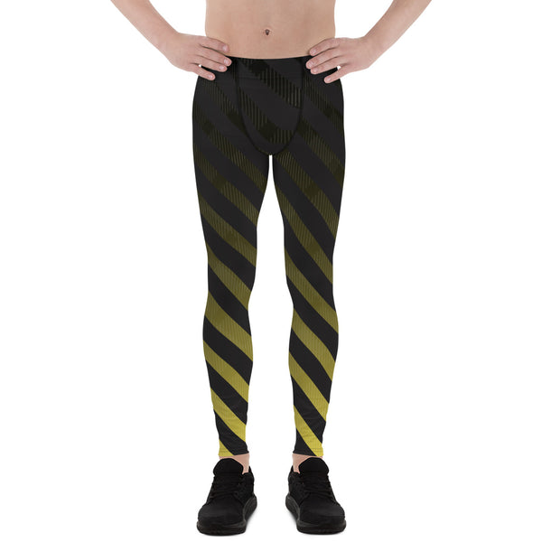 Black Diagonally Striped Meggings, Best Designer Yellow and Black Men's Leggings