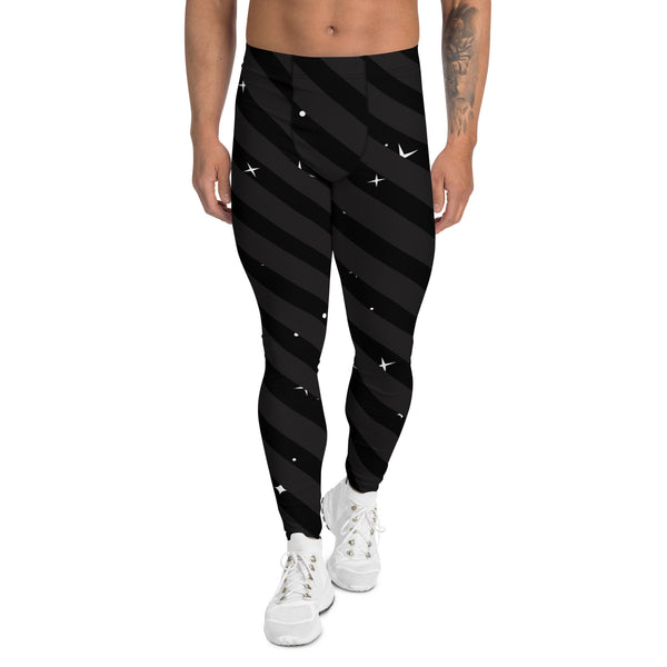 Black Diagonal Striped Meggings, Starry Print Men's Leggings