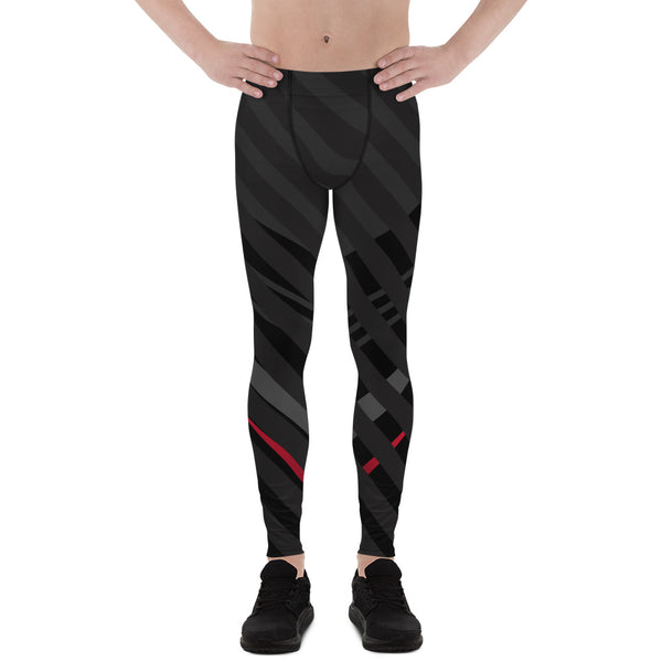 Black Red Striped Meggings, Diagonally Stripes Men's Leggings Running Compression Tights For Men - Made in USA/EU/MX