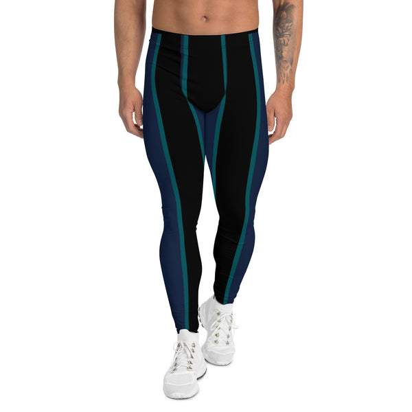 Black Blue Striped Meggings, Best Premium Vertical Striped Men's Leggings