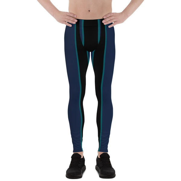 Black Blue Striped Meggings, Best Premium Vertical Striped Men's Leggings