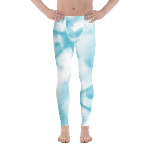 Abstract Tie Dye Men's Leggings, White and Blue Abstract Designer Print Sexy Meggings Men's Workout Gym Tights Leggings, Men's Compression Tights Pants - Made in USA/ EU/ MX (US Size: XS-3XL)&nbsp;