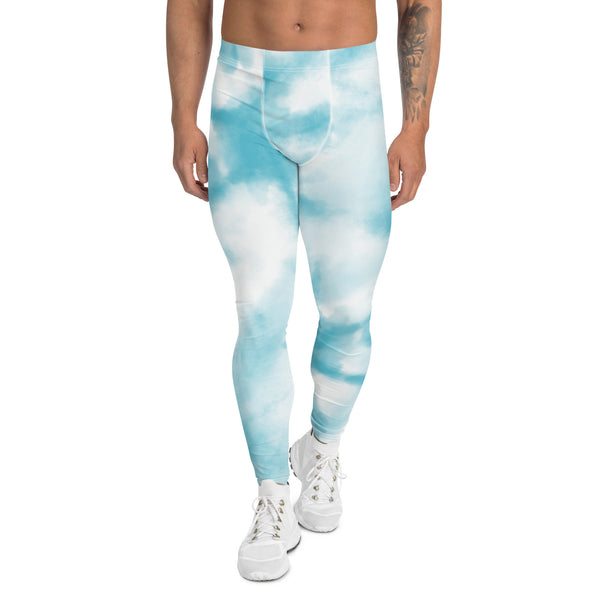 Abstract Tie Dye Men's Leggings, White and Blue Abstract Designer Print Sexy Meggings Men's Workout Gym Tights Leggings, Men's Compression Tights Pants - Made in USA/ EU/ MX (US Size: XS-3XL)&nbsp;