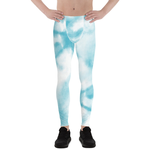 Abstract Tie Dye Men's Leggings, White and Blue Abstract Designer Print Sexy Meggings Men's Workout Gym Tights Leggings, Men's Compression Tights Pants - Made in USA/ EU/ MX (US Size: XS-3XL)&nbsp;