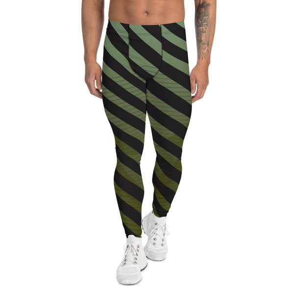 Green Black Diagonally Striped Meggings, Best Men's Leggings