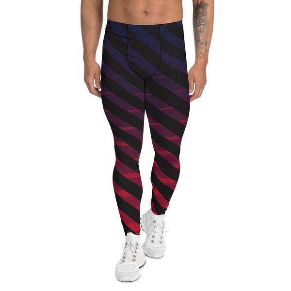 Blue Pink Diagonally Striped Meggings, Best Black Stripes Men's Leggings