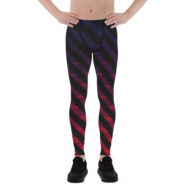 Blue Pink Diagonally Striped Meggings, Best Black Stripes Men's Leggings