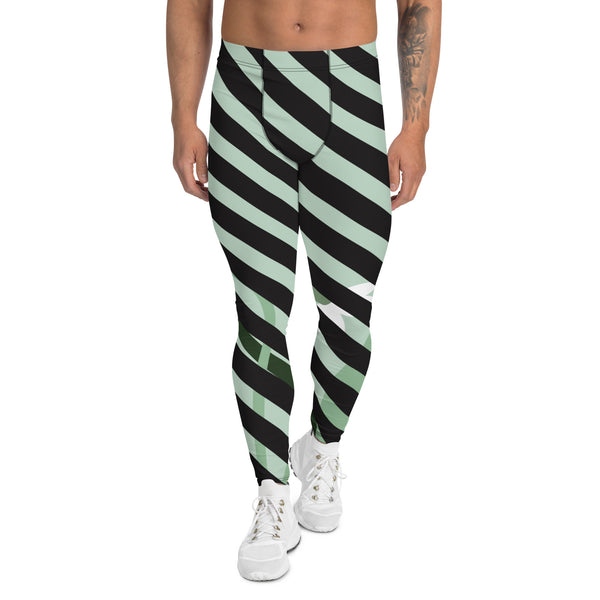 Diagonal Striped Black Green Meggings, Green Floral Print Meggings, Black Diagonal StripedFloral Print Abstract Designer Print Sexy Meggings Men's Workout Gym Tights Leggings, Men's Compression Tights Pants - Made in USA/ EU/ MX (US Size: XS-3XL)&nbsp;