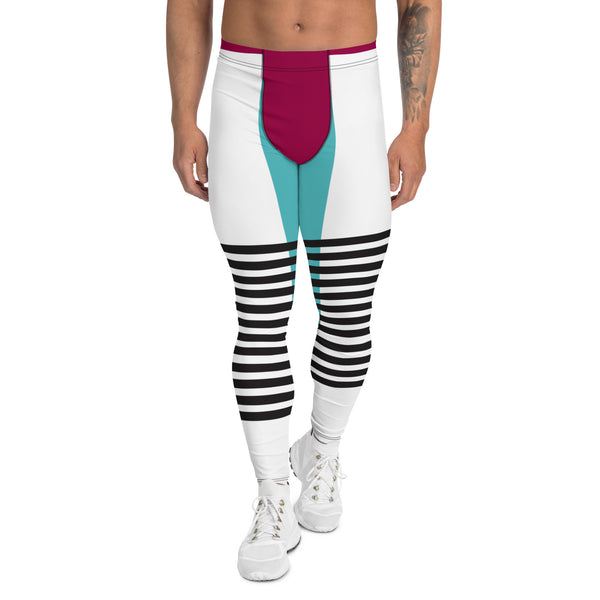 Pink Blue Striped Meggings, Horizontal Black Striped Men's Leggings