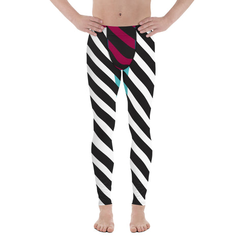 Black Diagonally Striped Meggings, Pink Blue Color Block Men's Leggings