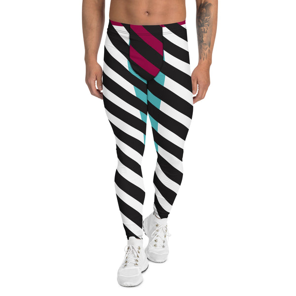 Black Diagonally Striped Meggings, Pink Blue Color Block Men's Leggings